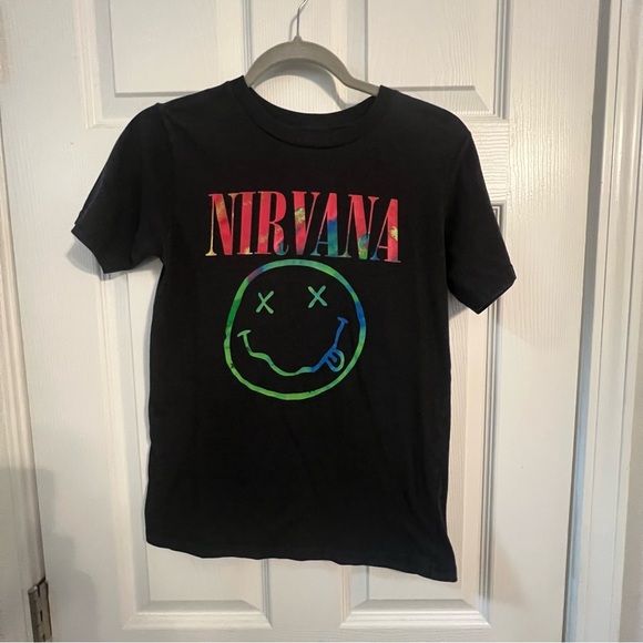 NIRVANA Tops - Nirvana Smiley Face Band Tee Black Graphic T-Shirt Size Small